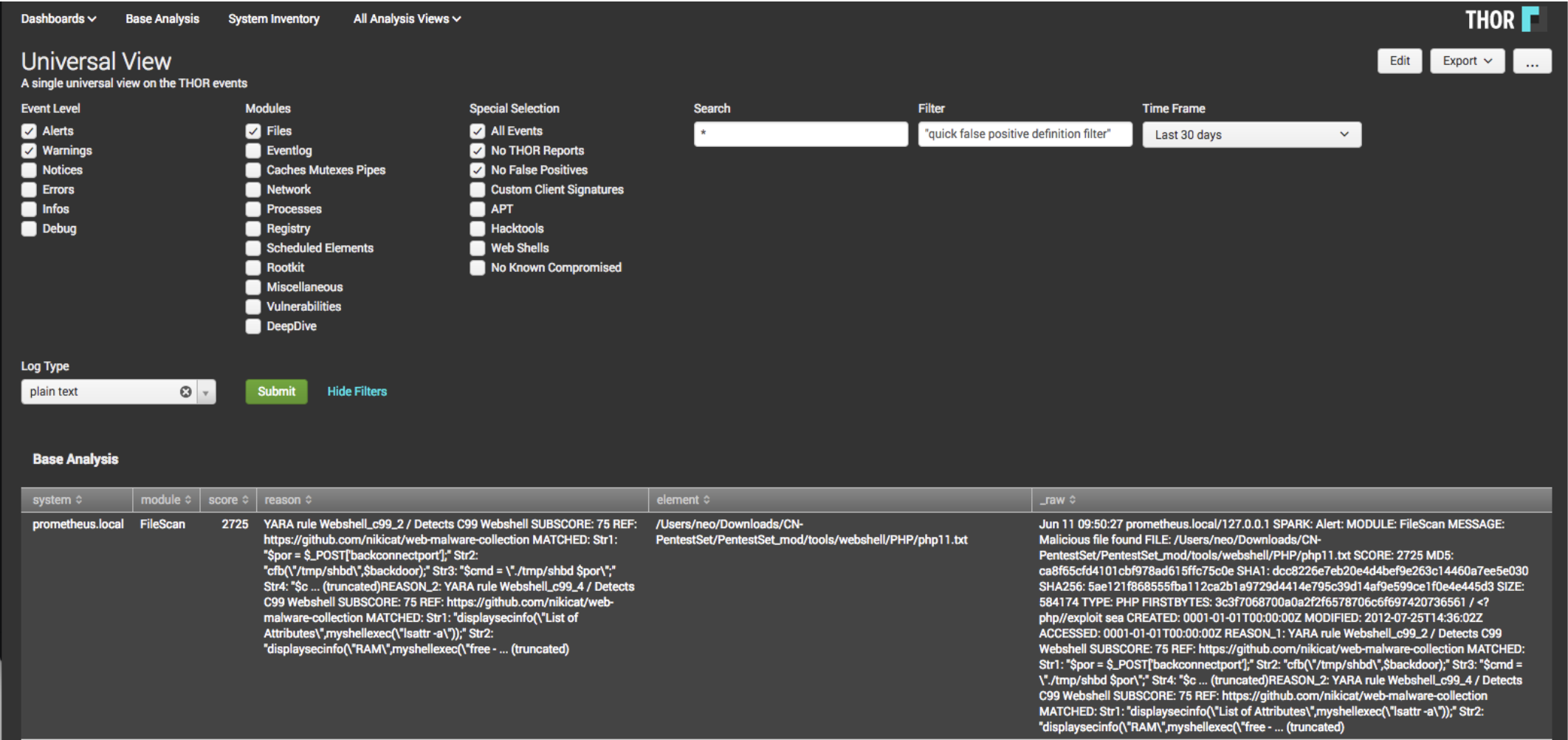 Splunk THOR App Universal View